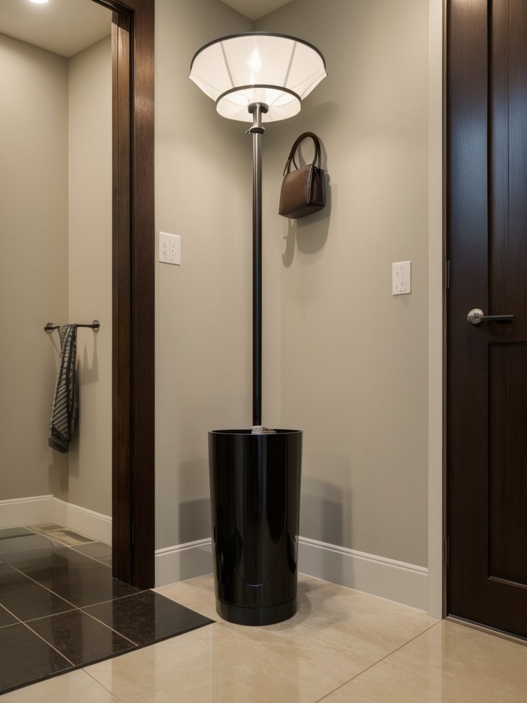Incorporate a stylish umbrella stand near the entrance to keep wet umbrellas contained and floors dry.