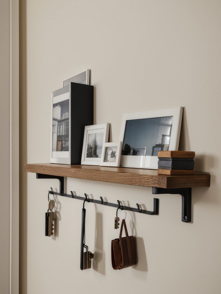 Install a small floating shelf or wall-mounted hooks for holding keys, wallets, and other everyday essentials.