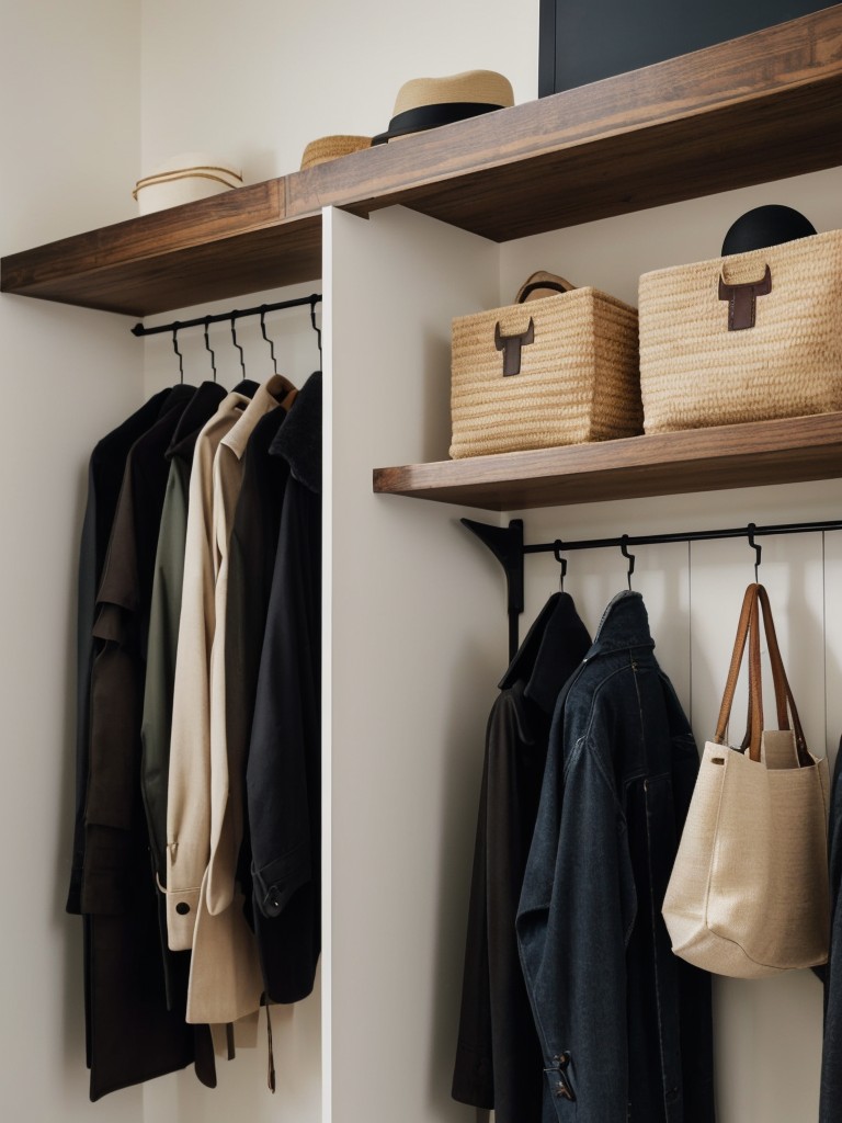 Opt for a floating shelf with hooks to maximize vertical space and hang coats, hats, and bags.