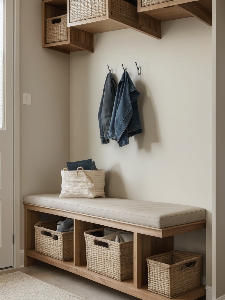 Utilize a multifunctional bench with built-in storage for shoes and baskets to keep the entryway organized.