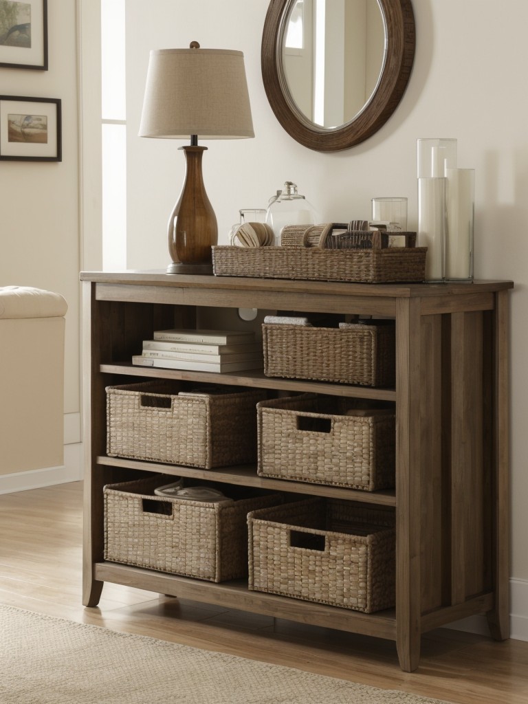 Utilize a narrow console table with drawers or shelves for additional storage and display space.