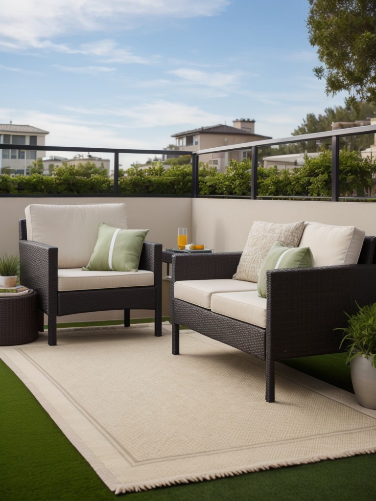 Consider incorporating an outdoor rug or artificial grass carpet to add visual interest and comfort to your balcony.