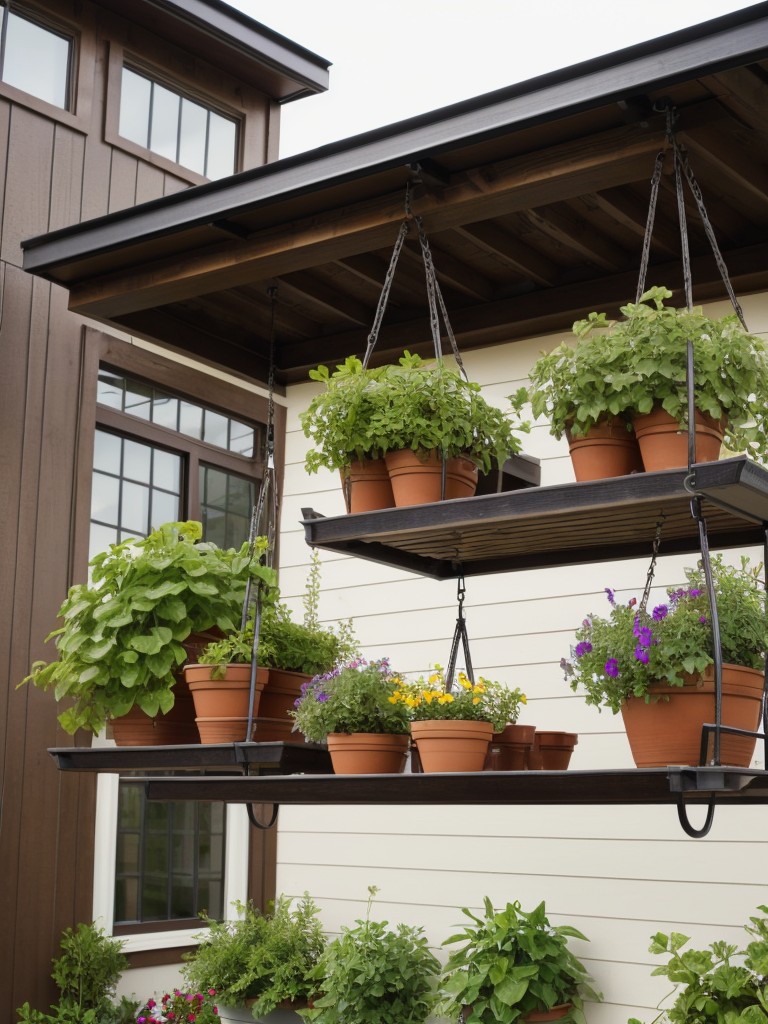 Experiment with different levels and heights by incorporating hanging baskets, elevated plant stands, or shelves.