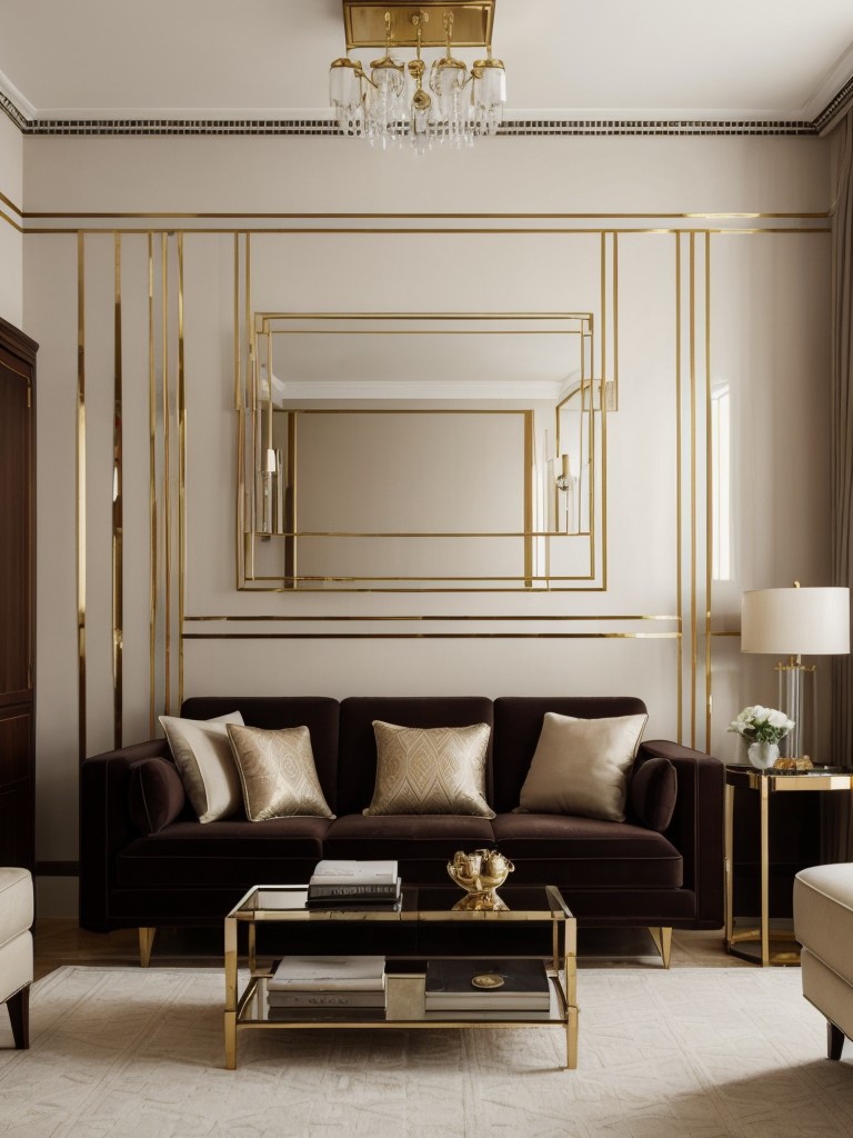 Art Deco-inspired small apartment decorating ideas that exude timeless elegance and glamour, with geometric patterns, rich colors, and luxurious materials.