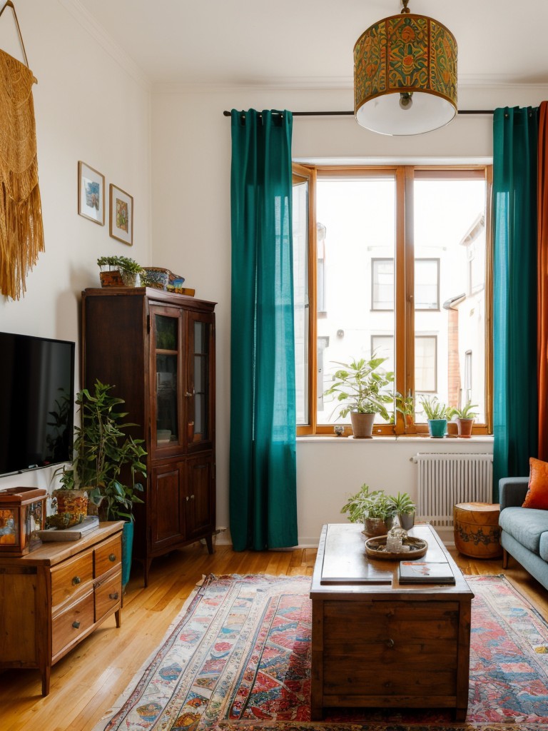 Bohemian small apartment decorating ideas that emphasize eclectic patterns, vibrant colors, and a mix of cultural influences, creating a lively and free-spirited vibe.