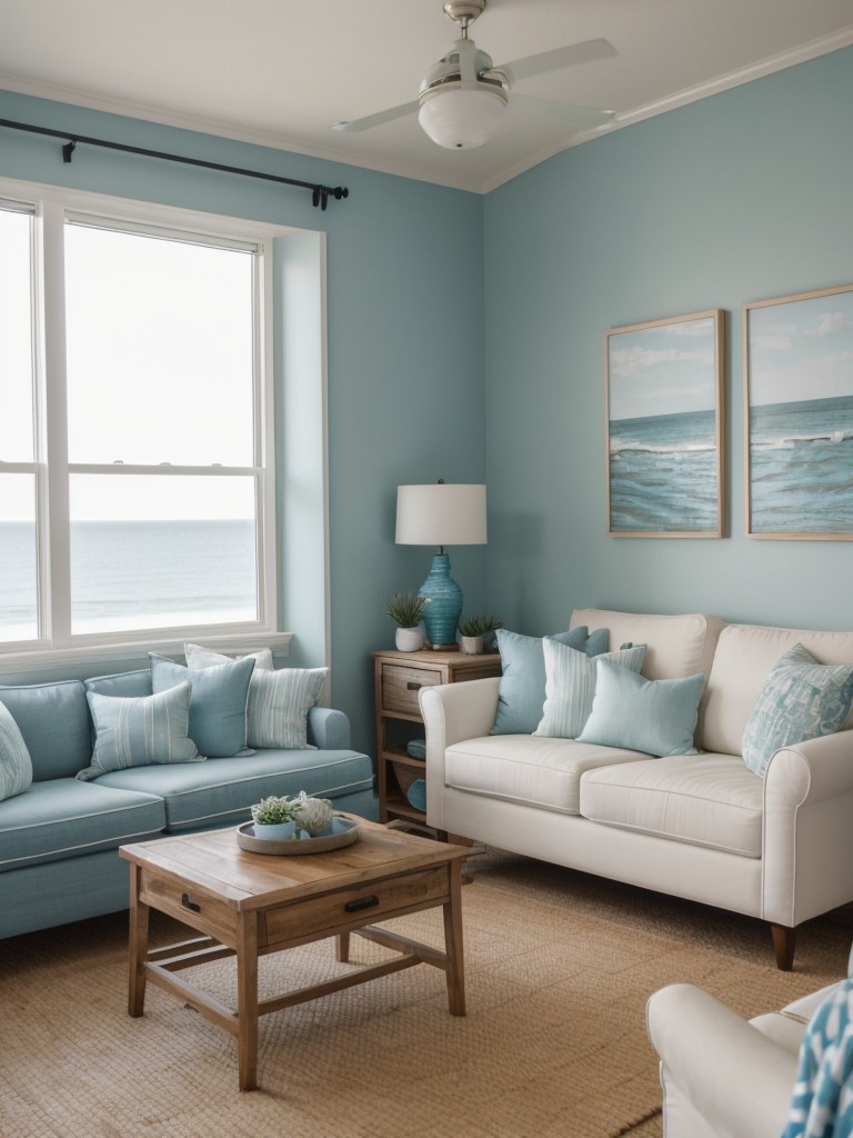 Coastal-inspired small apartment decorating ideas for a relaxed and beachy atmosphere, incorporating coastal colors, natural textures, and nautical decor.