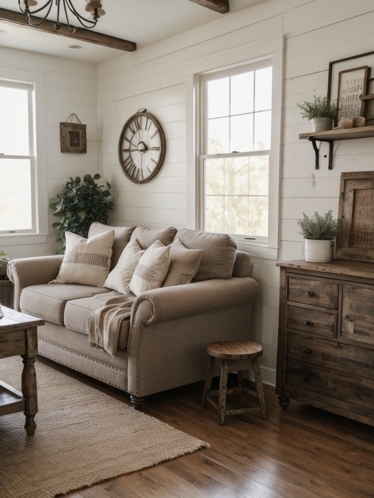 Farmhouse chic small apartment decorating ideas, blending rustic elements with elegant touches, such as distressed furniture, vintage-inspired decor, and shiplap walls.