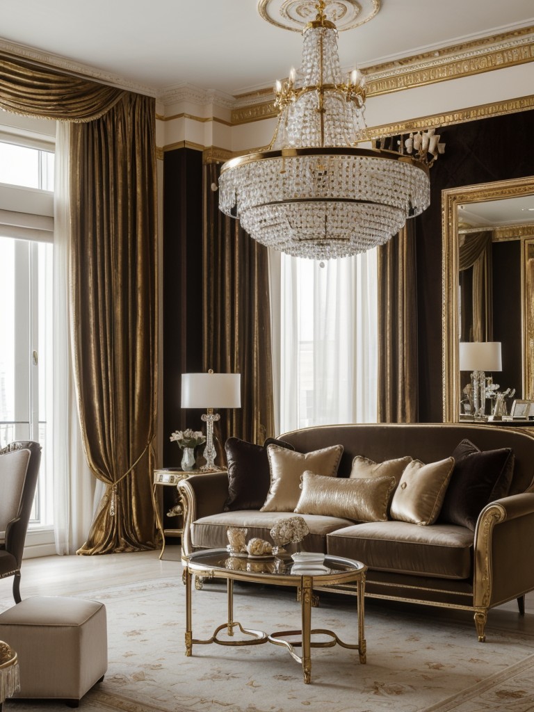 Glamorous small apartment decorating ideas that prioritize elegance and luxury, with velvet fabrics, metallic accents, and crystal chandeliers adding a touch of opulence.