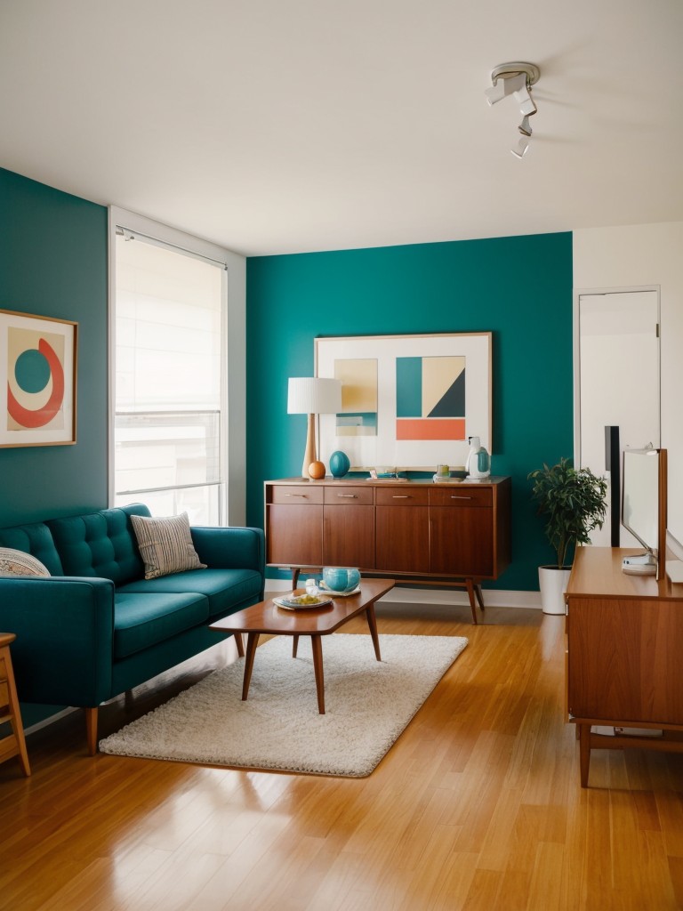 Mid-century modern small apartment decorating ideas, featuring iconic furniture pieces, clean lines, and bold pops of color for a retro yet contemporary look.