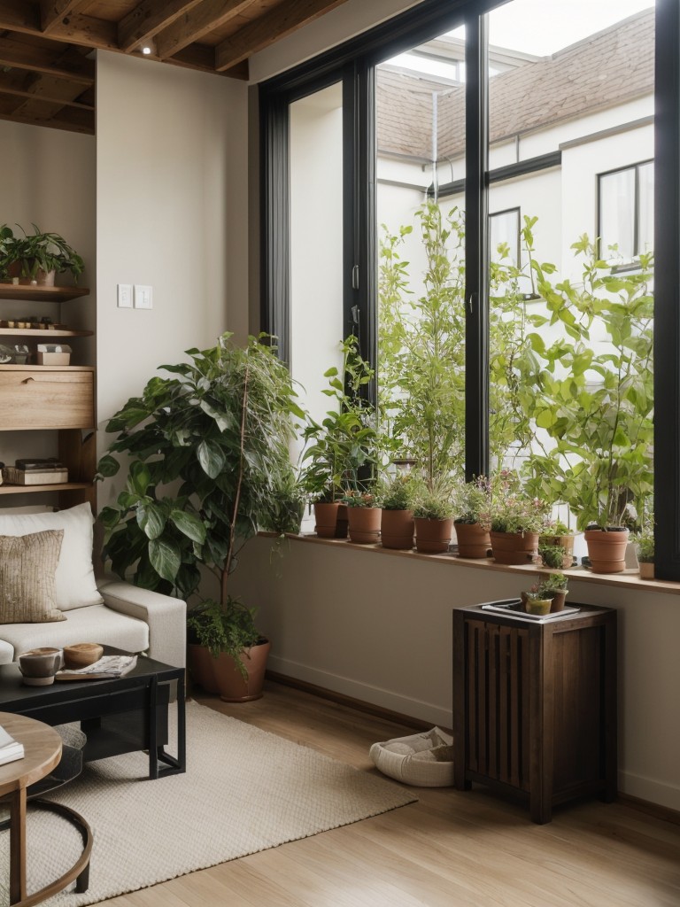 Nature-inspired small apartment decorating ideas, bringing the outdoors in through plants, natural textures, and earthy color palettes for a calming and organic atmosphere.