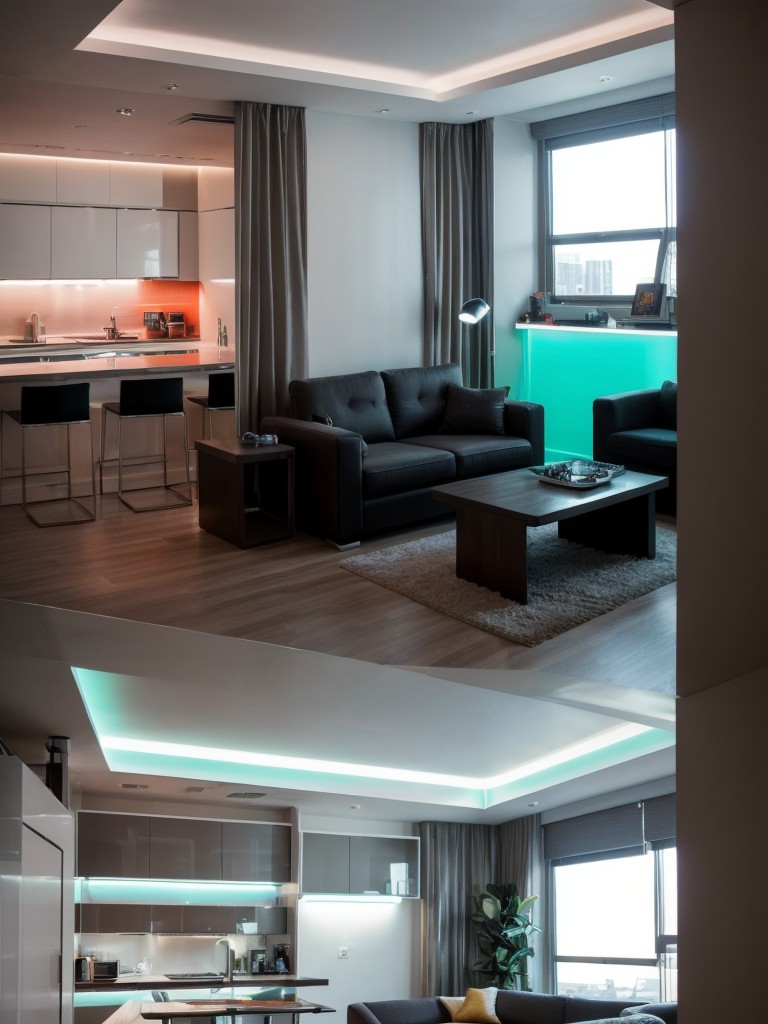 Sci-fi inspired small apartment decorating ideas, incorporating futuristic elements, neon lights, and tech-savvy design features for a cutting-edge living space.