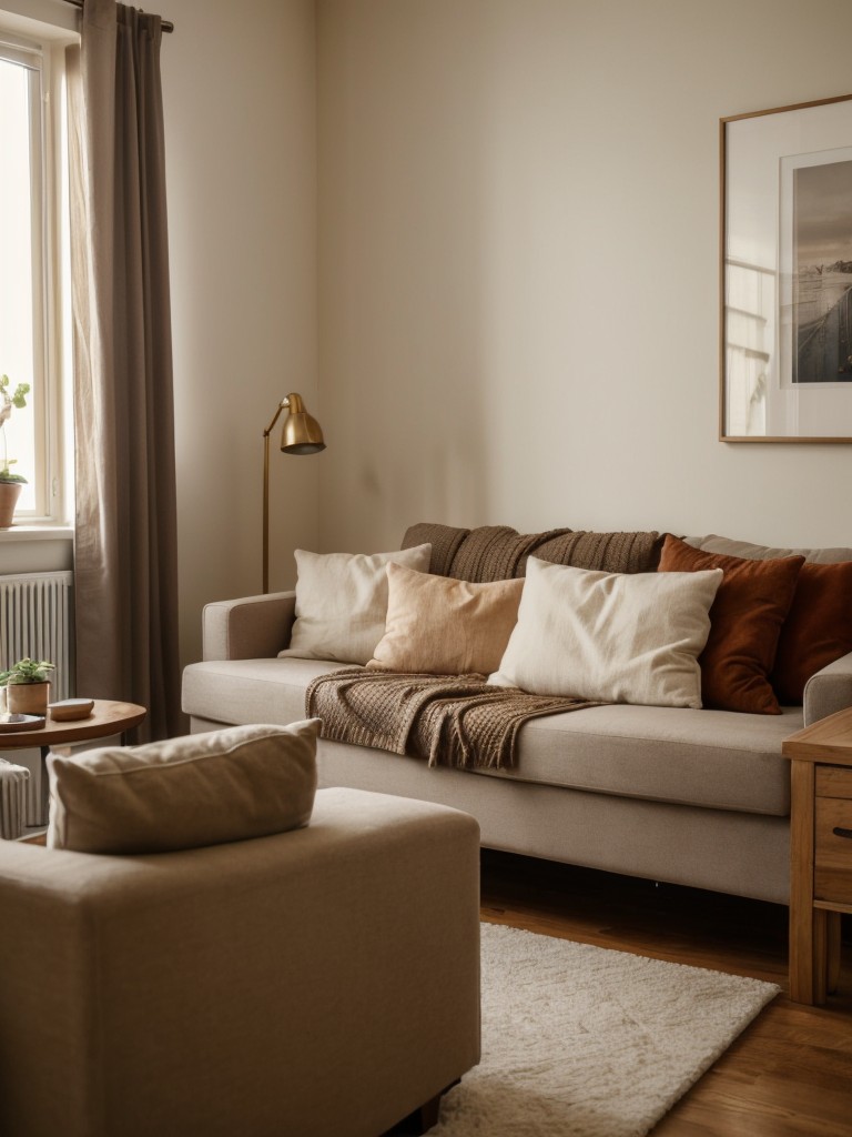 Creating a cozy and inviting atmosphere in a small apartment with warm color schemes, soft lighting, and plush textiles.