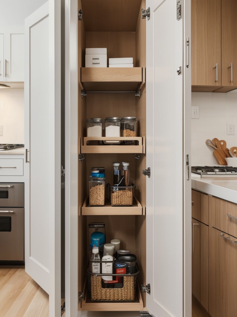 Incorporating built-in or pull-out organizers in the kitchen cabinets to optimize storage and efficiently utilize available space in a small apartment.