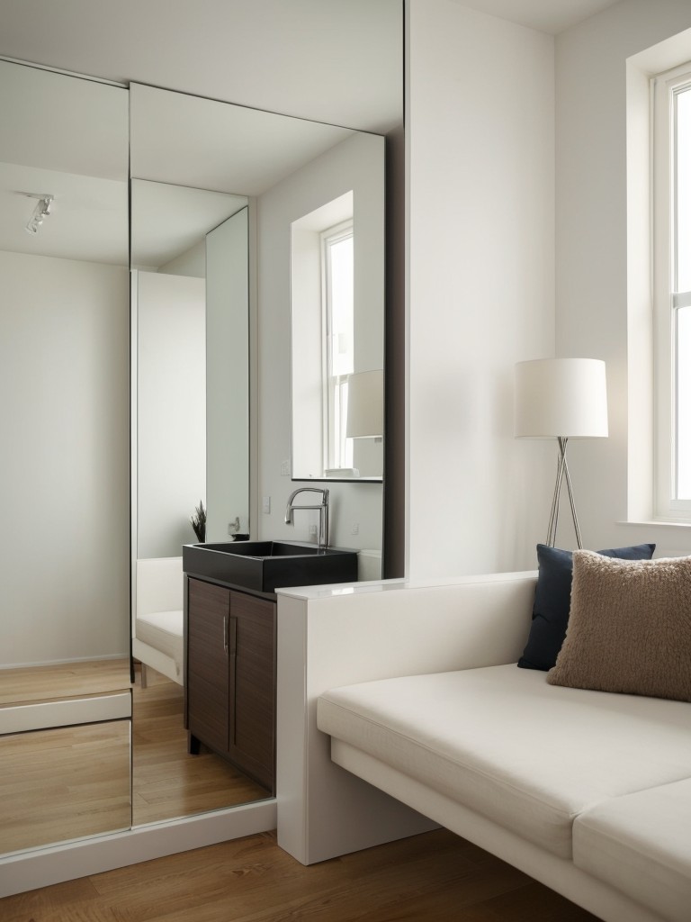 Incorporating a mirror wall or large mirrors in a small apartment to reflect light and visually expand the space.