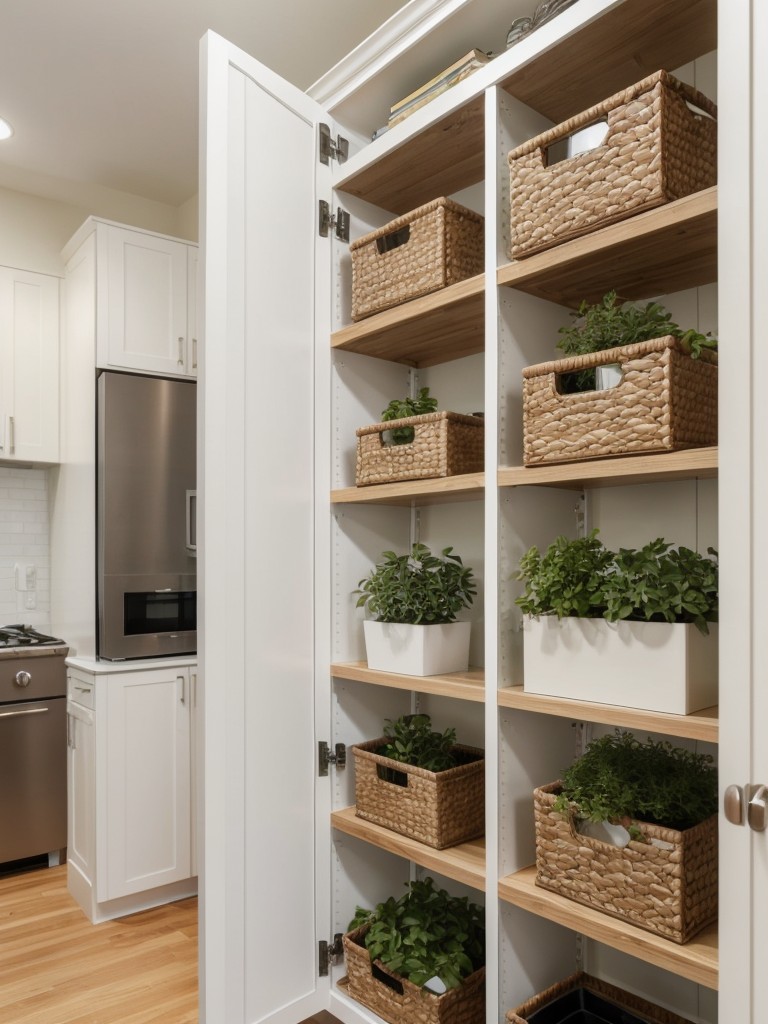 Incorporating vertical storage solutions like floating shelves, hanging baskets, or wall-mounted cabinets to optimize storage in a small apartment.