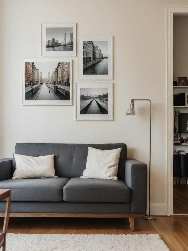 Create a gallery wall with personal photographs or artwork to add a personal touch and make a statement in a small apartment.