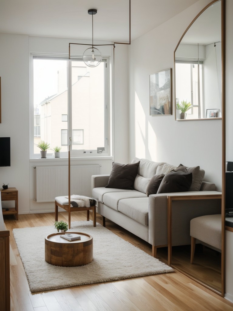 Hang mirrors strategically to reflect natural light and visually expand the space of a small apartment.