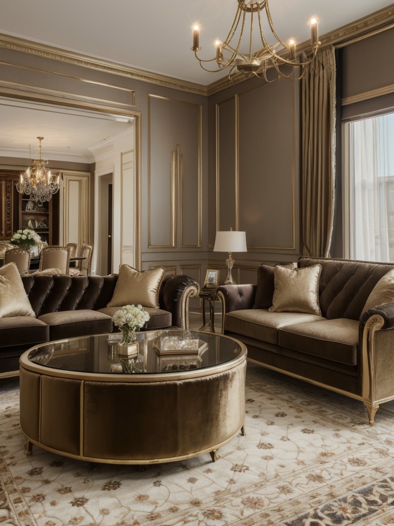 Give your living room a touch of luxury by adding a plush rug, velvet textures, and metallic accents.