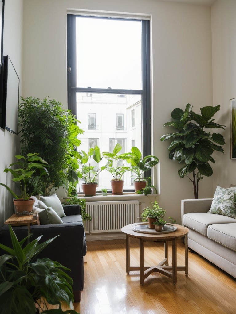 Incorporate plants and greenery to bring life into your small apartment living room and create a fresh and vibrant atmosphere.