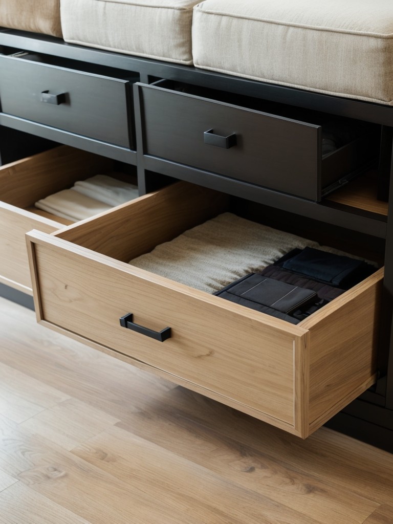 Keep clutter to a minimum by utilizing hidden storage options such as ottomans with built-in storage compartments or side tables with drawers.