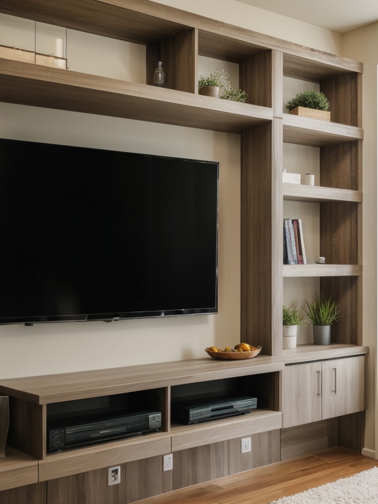 Utilize wall space for storage by installing floating shelves or a wall-mounted TV unit with built-in compartments.
