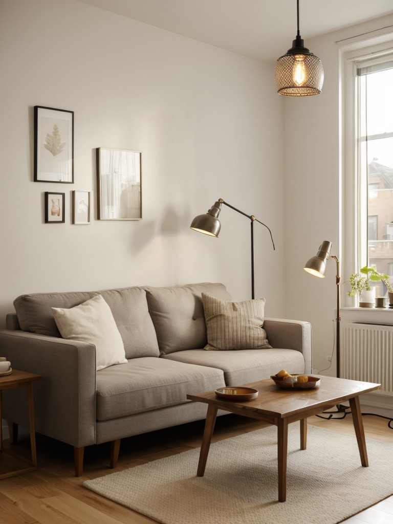 Experiment with different lighting solutions, such as pendant lights or floor lamps, to create a warm and cozy ambiance in a small chic apartment.