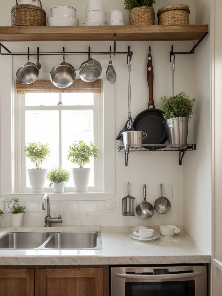 Utilize the ceiling by installing hanging storage solutions or decorative hooks for hanging pots and pans, freeing up valuable counter or cabinet space in a small chic apartment.