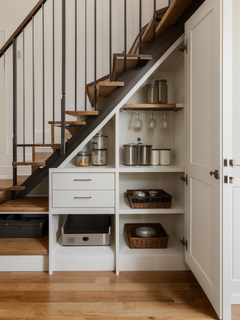 Utilize underutilized spaces, such as the area under the stairs or above cabinets, by installing shelves or cabinetry for additional storage in a small chic apartment.