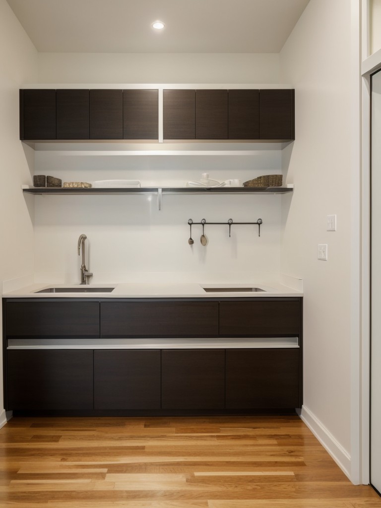 Utilizing wall space for additional storage options, such as shelves, hooks, and floating cabinets, in a small studio apartment.