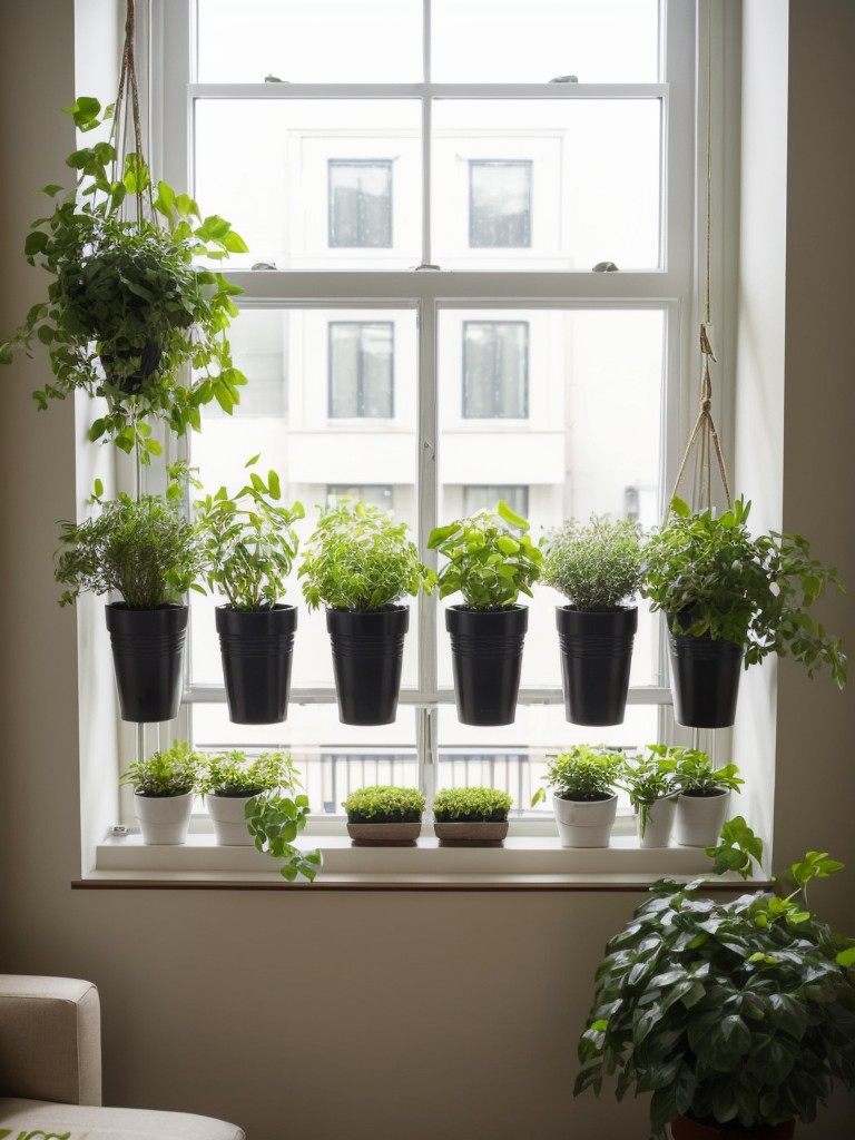 Affordable ways to incorporate greenery into a small apartment living room, such as hanging planters or window sill herb gardens.