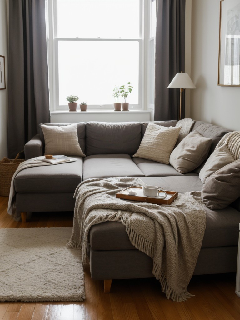 Budget-friendly hacks for creating a cozy living room in a small apartment, such as incorporating soft lighting and plush textiles.