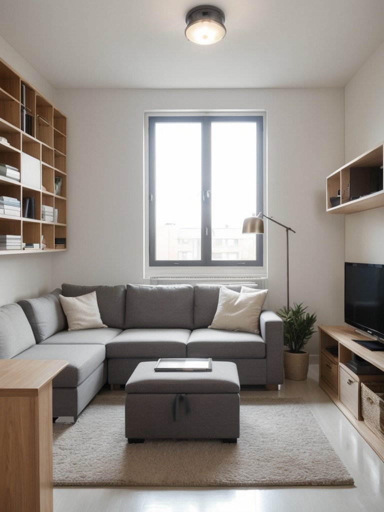 Clever space-saving solutions for small studio apartments, including multi-functional furniture and storage ottomans.