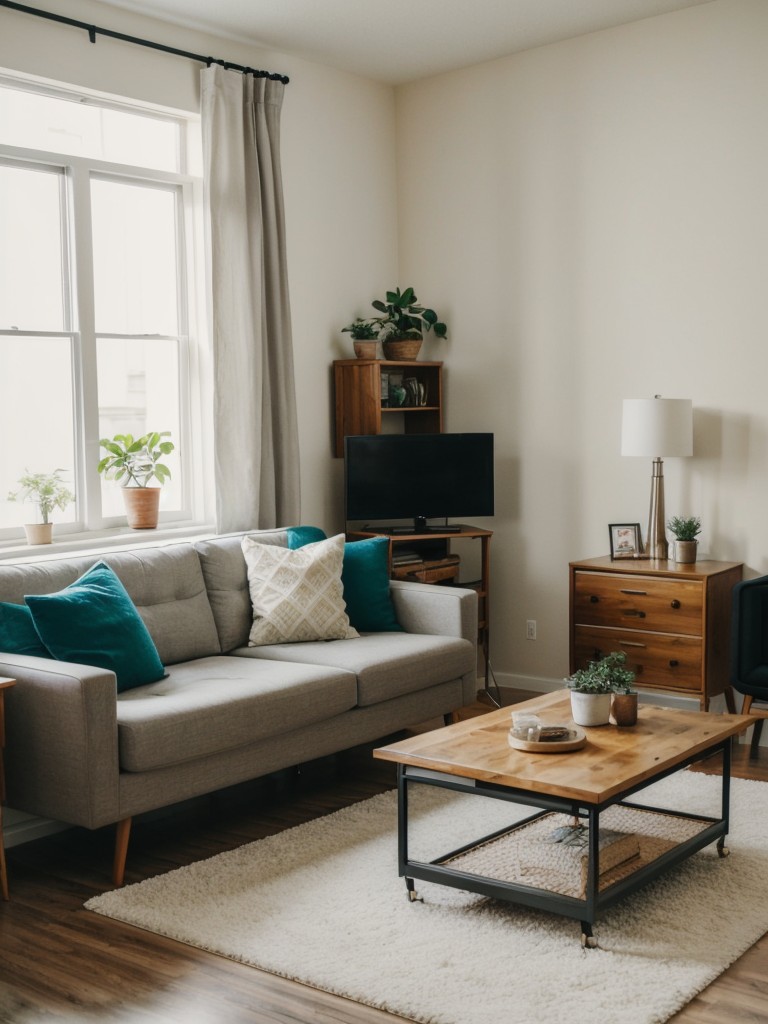 Creative ideas for decorating a small apartment living room on a budget, such as DIY artwork and thrifted furniture finds.