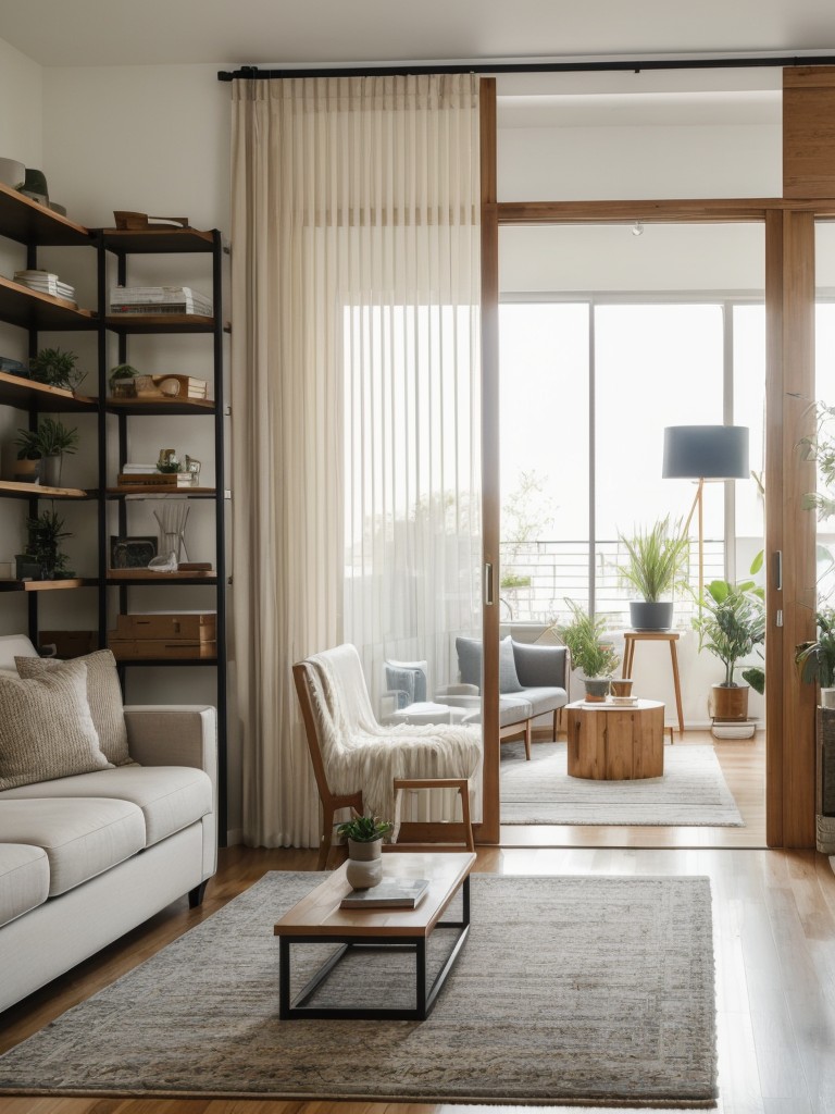 How to create designated functional areas within a studio apartment, such as utilizing room dividers or rugs to separate the living area from other spaces.