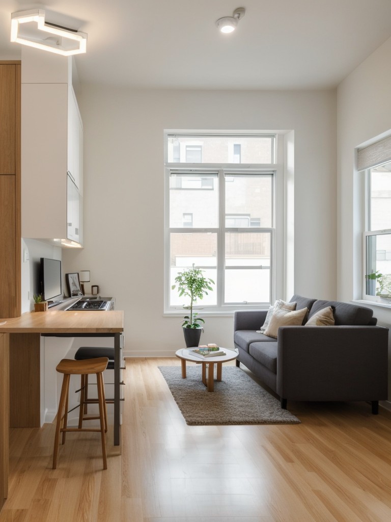 Ideas for incorporating smart home technology into a small studio apartment, such as voice-controlled lights and programmable thermostats for energy efficiency.
