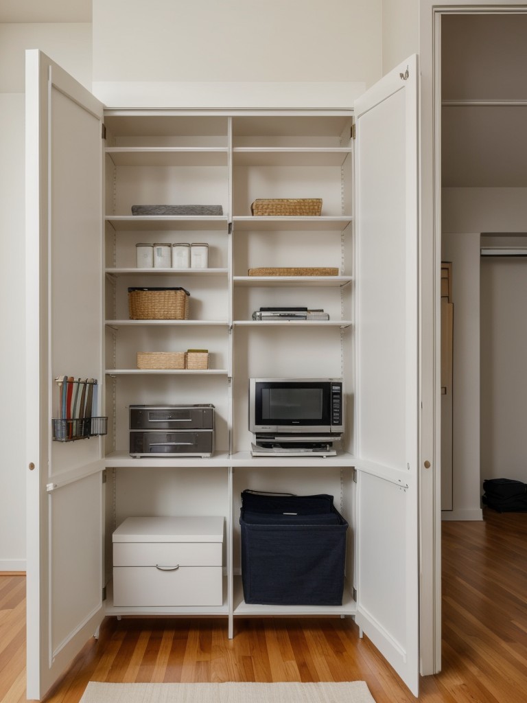 Ways to maximize storage in a small studio apartment, including utilizing vertical space with wall shelves and hanging organizers.