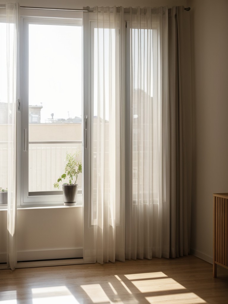 Maximizing natural light by using sheer curtains or blinds that allow sunlight to filter through in small apartments.