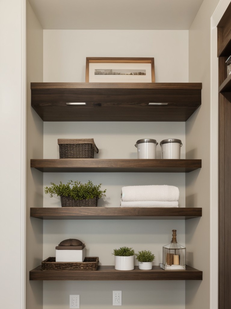 Utilizing built-in or floating shelves for additional storage and display options in small apartments.