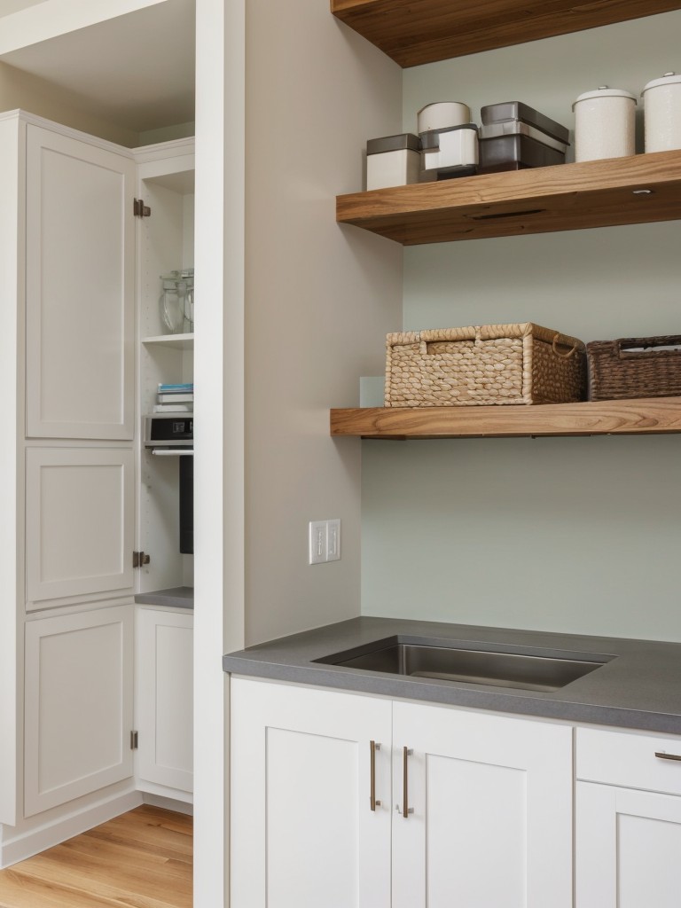 Utilize vertical space by installing floating shelves or wall-mounted cabinets.