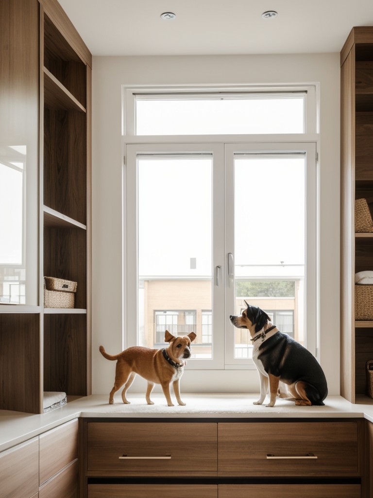 Showcasing apartment design ideas for pet owners, including pet-friendly furniture and stylish storage solutions for animal supplies.