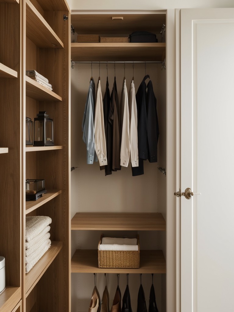 Clever utilization of vertical space with built-in shelves and hanging rods to maximize storage in a small walk-in wardrobe.