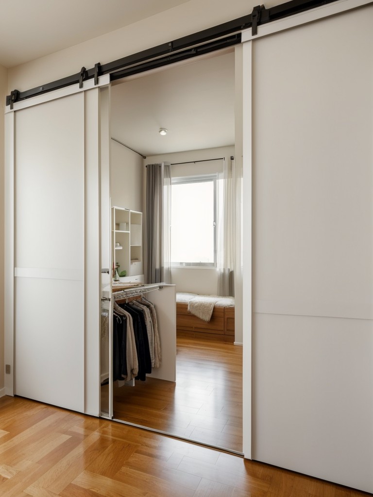 Creative use of sliding doors or curtains to save space and provide easy access to the walk-in wardrobe in a small apartment.