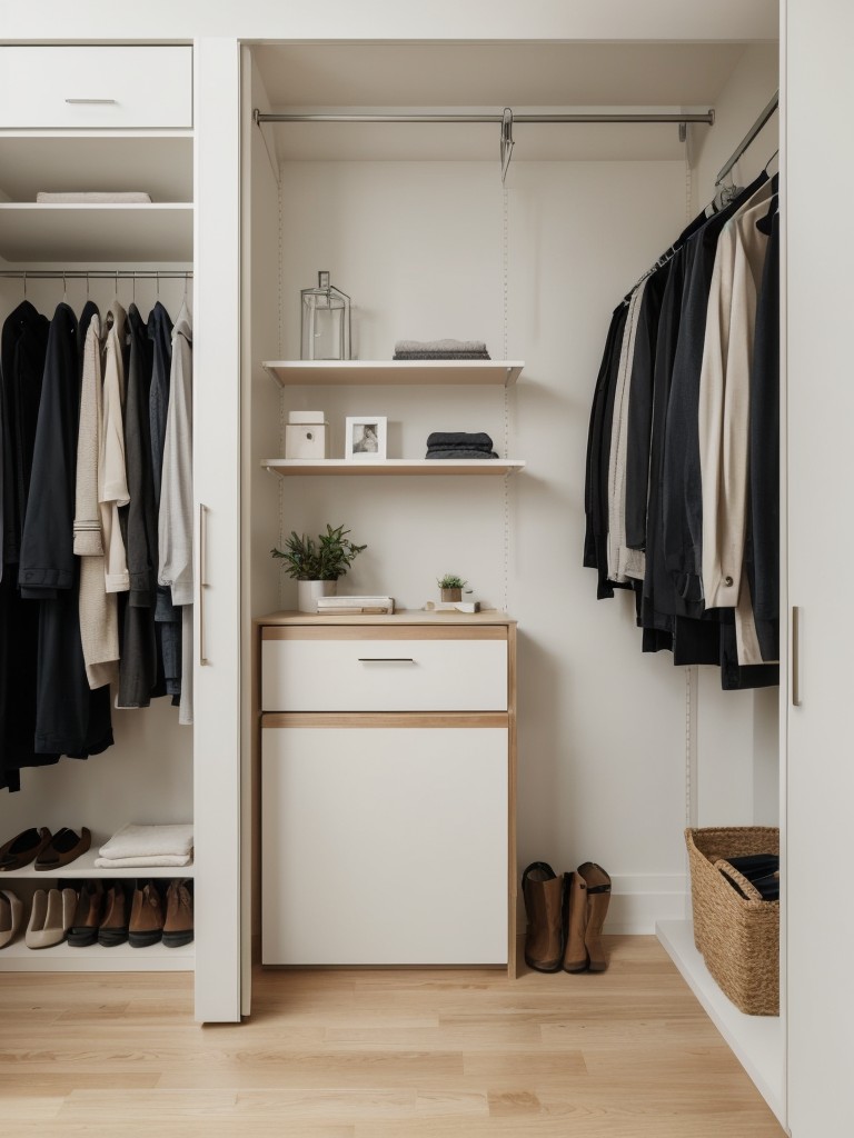 Designing an open-concept walk-in wardrobe with floating shelves, wall-mounted hanging rods, and minimalistic storage options for a modern aesthetic in a small apartment.