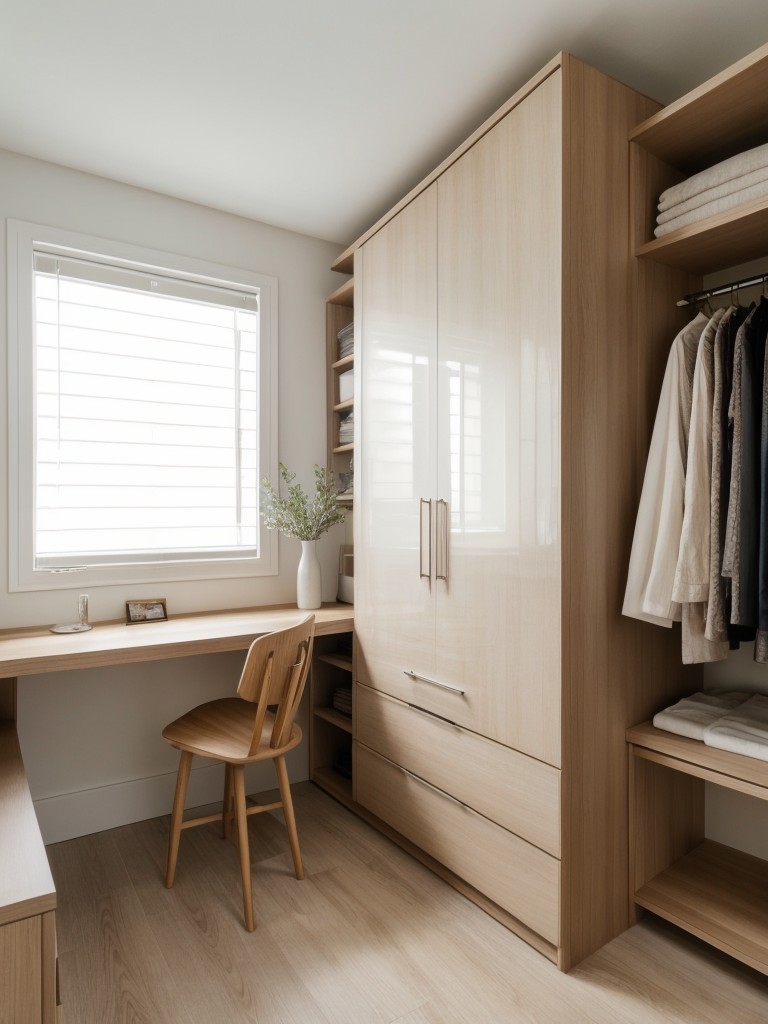 Incorporating a central island or a dressing table within the walk-in wardrobe for additional storage, counter space, and a touch of luxury in a small apartment.