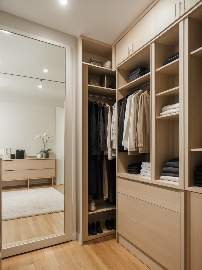 Incorporating a floor-to-ceiling full-length mirror within the walk-in wardrobe to visually expand the space and create a sense of depth in a small apartment.