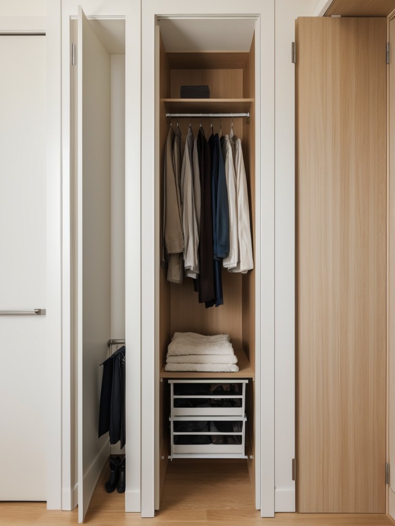 Incorporating a folding or retractable step stool within the walk-in wardrobe to easily reach high shelves and utilize vertical space in a small apartment.
