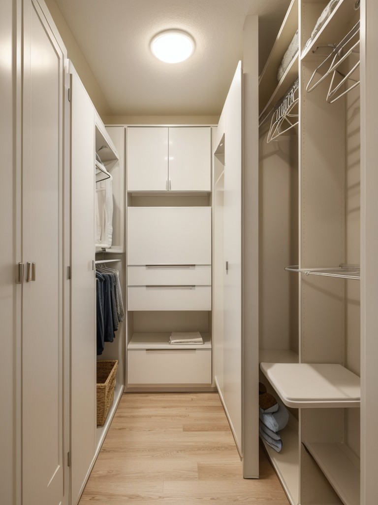 Incorporating a laundry hamper or a concealed ironing board within the walk-in wardrobe to save space in a small apartment.