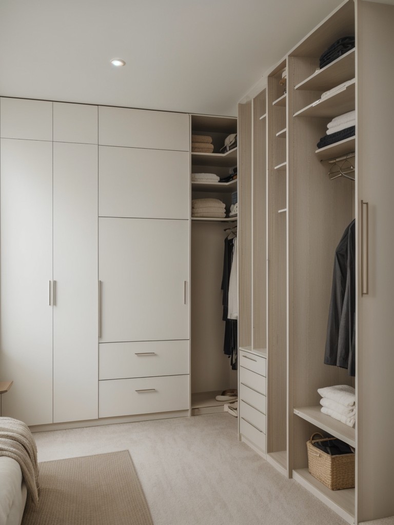 Minimalist walk-in wardrobe design with neutral colors, streamlined organization systems, and hidden compartments for a sleek and clutter-free appearance.