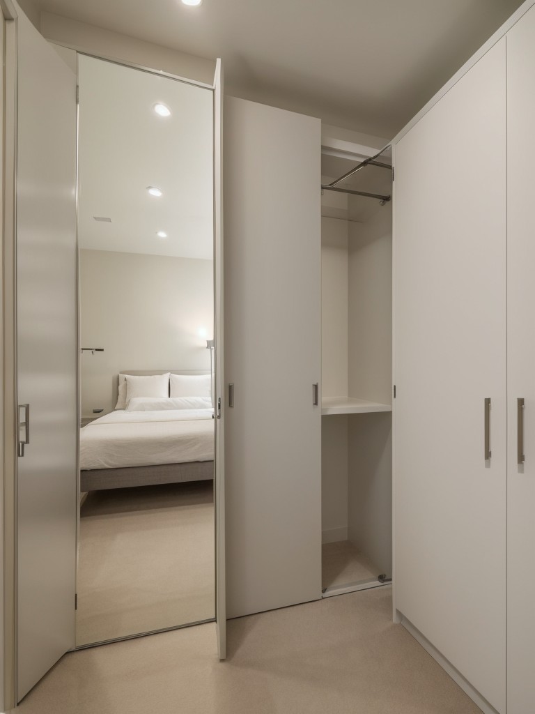 Mirrored doors and ample lighting to create an illusion of a larger space within the walk-in wardrobe.