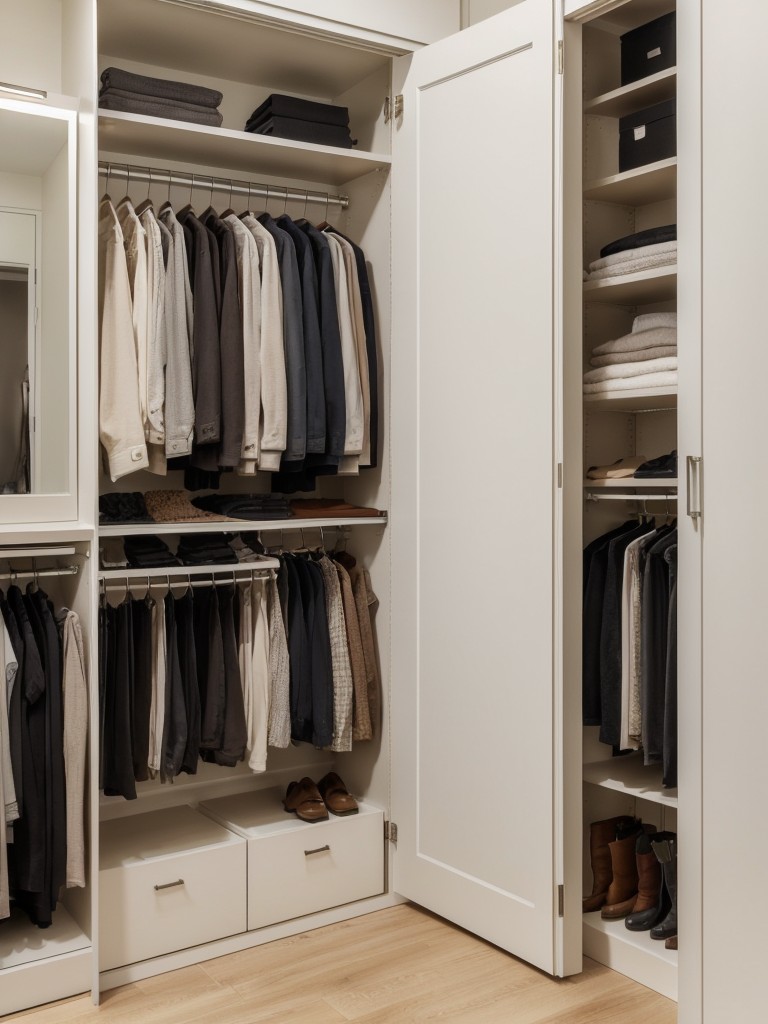 Utilizing a combination of open and closed storage options to showcase and hide certain wardrobe items, creating a visually appealing and organized space within the walk-in wardrobe of a small apartment.